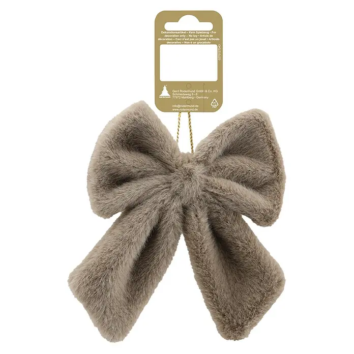 Christbaumschmuck Schleife aus Plüsch - Dunkelbraun, Textil, 1 Stk., B x H: 13 x 15 cm - Weiches, graues Kunstfell-Dekoschleife mit goldener Aufhängeschnur.
