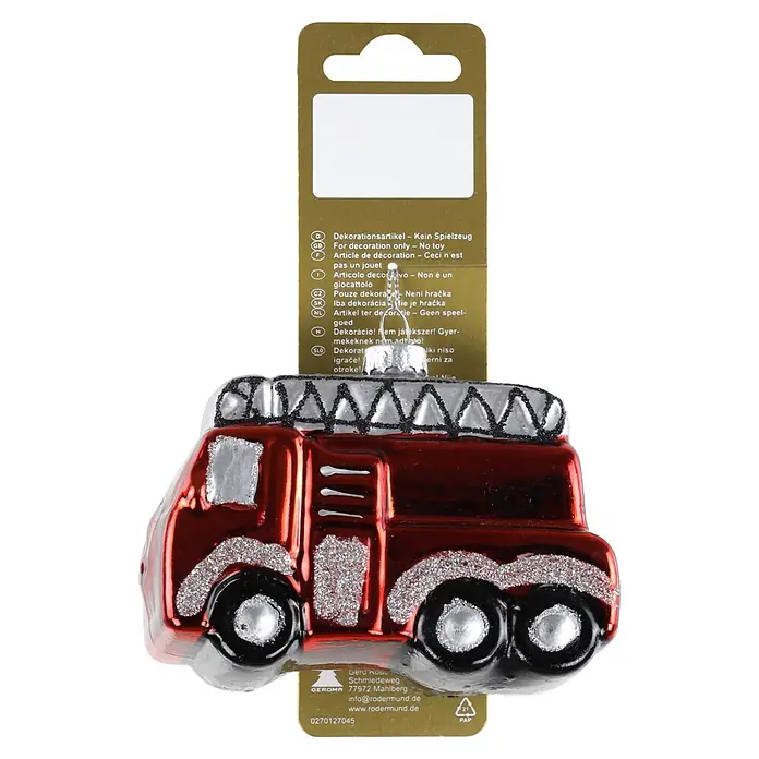 Christbaumschmuck Feuerwehr - L x B x H: 10 x 4,5 x 8,5 cm, Kunststoff, 1 Stk., Rot - Ein glänzender roter Feuerwehrauto-Anhänger mit silbernen Glitzerdetails, hängt an einem olivgrünen Produktetikett.