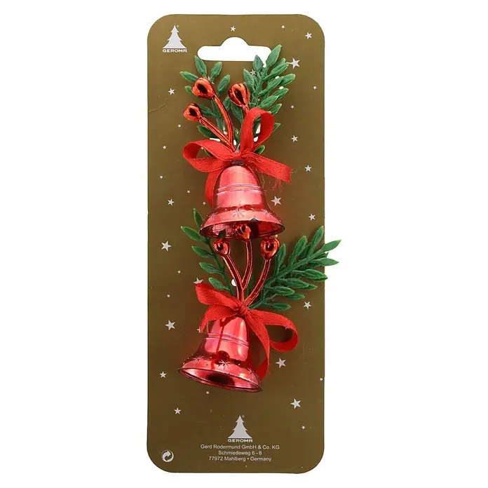 Geroma Christbaumschmuck Glocken - Rot, Kunststoff, 2 Stk. - Rote Weihnachtsdeko mit zwei glänzenden Glocken, roten Bändern und grünem Laub auf goldener Kartonverpackung mit Sternenmuster.