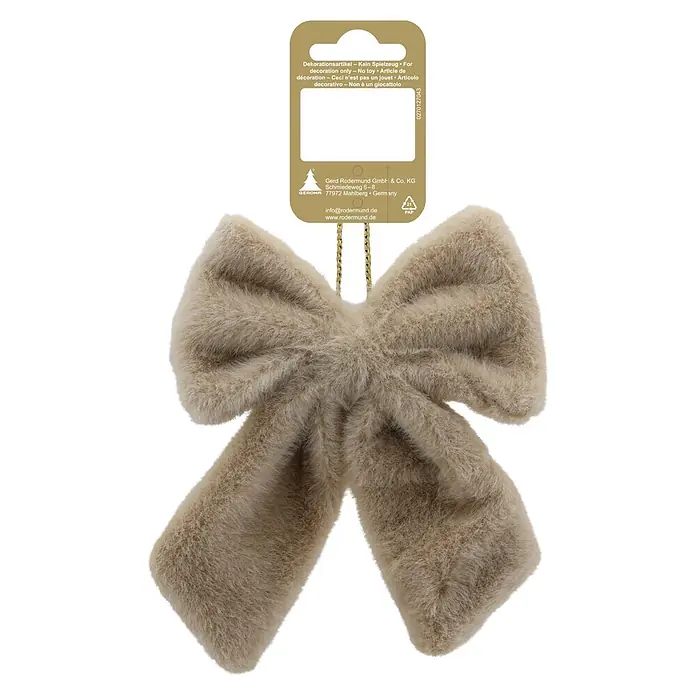 Christbaumschmuck Schleife aus Plüsch - Hellbraun, Textil, 1 Stk., B x H: 13 x 15 cm - Flauschige beige Dekoschleife mit goldener Kordel zum Aufhängen.