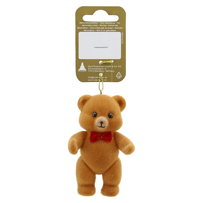 Christbaumschmuck Teddybär - Braun, Kunststoff, 1 Stk., 4,5 x 5,5 x 9 cm - Beflockter brauner Teddybär-Ornament mit roter Fliege, an einem goldenen Faden hängend.