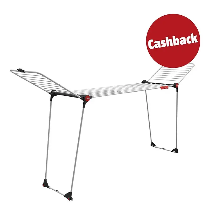 Vileda Flügel-Wäscheständer Infinity Flex - Länge Wäscheleine: 30 m, L x B x H: 304 x 56 x 128 cm, Weiß - Weißes und graues Vileda Wäschegestell mit ausklappbaren Flügeln und roten Details.