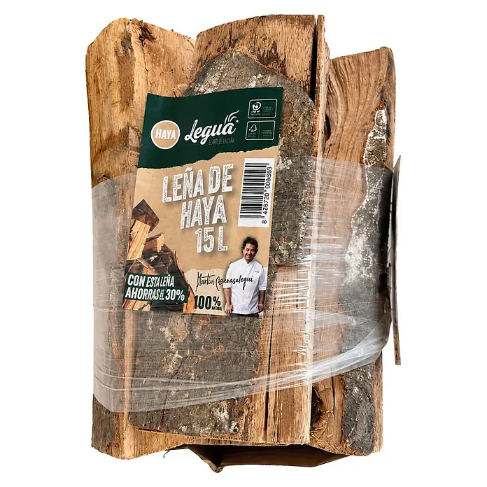 Legua Leña para encender  Haya - Haya, 15 l, 1 ud. - Atado de leña de haya (15L) con etiqueta y envoltura de plástico transparente.