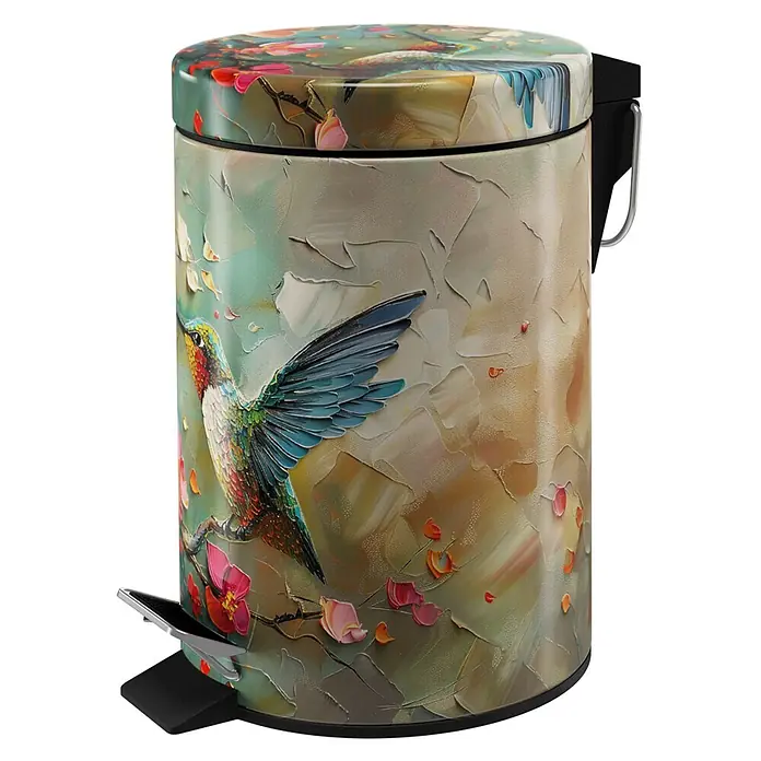 SANILO Kosmetikeimer Petalo - 3 l, Metall, Rosa - Treteimer mit lebhaftem, texturiertem Kolibri- und Blumenkunstdruck, ausgestattet mit Fußpedal und Seitenhenkel.