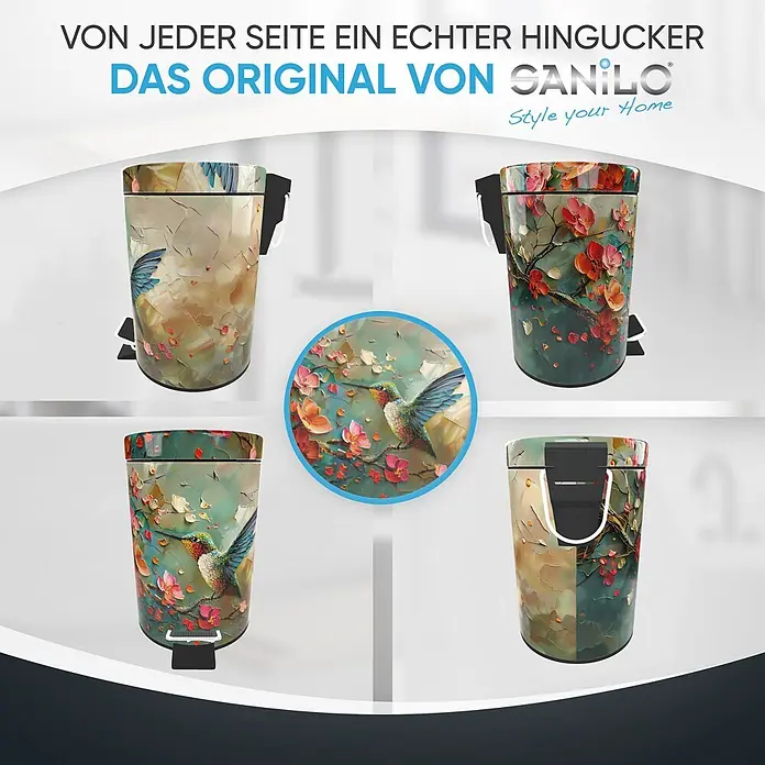 SANILO Kosmetikeimer Petalo - 3 l, Metall, Rosa - Dekorativer Treteimer mit durchgehendem Ölgemälde-Design, das einen Kolibri und Blüten zeigt, aus verschiedenen Ansichten.