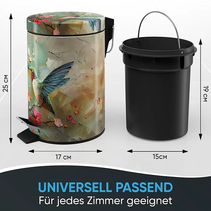 SANILO Kosmetikeimer Petalo - 3 l, Metall, Rosa - Dekorativer Treteimer mit Kolibri-Design (25x17cm) und schwarzem Inneneimer (19x15cm).