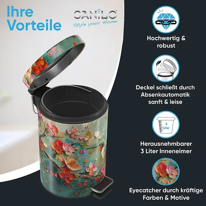 SANILO Kosmetikeimer Petalo - 3 l, Metall, Rosa - Bunt gemusterter 3-Liter-Tretmülleimer mit offener Klappe, floralem Design, sanft schließendem Deckel und herausnehmbarem Inneneimer.