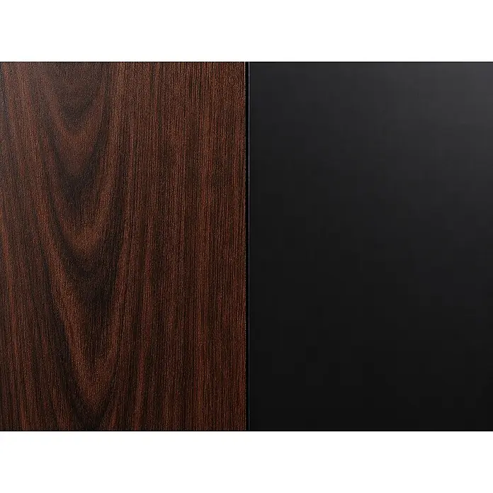 Vam Deckenventilator VEGALIGHT schwarz 102 cm - schwarz Walnuss, 1.020 mm, 46 W - Dunkelbraunes Holzmaserungspanel neben einer soliden schwarzen strukturierten Oberfläche.