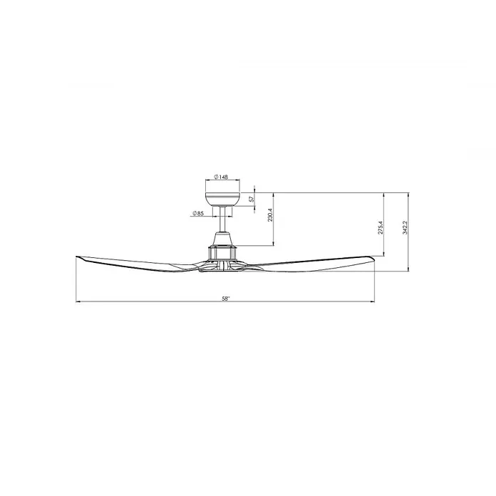 Vam Deckenventilator Outdoor Deckenventilator TAMAO mit LED silber 147 cm - SILBER, 1.470 mm, 37 W - Technische Zeichnung eines 58-Zoll-Deckenventilators mit Maßen für Breite und Höhe.