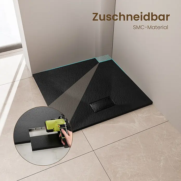 Emke Duschwanne ST - L x B: 90 x 90 cm, Kunststoff, Schwarz - Schwarze SMC-Duschwanne, zuschneidbar für individuelle Passform in einer Badezimmerecke. Einsatz zeigt Schneidevorgang.