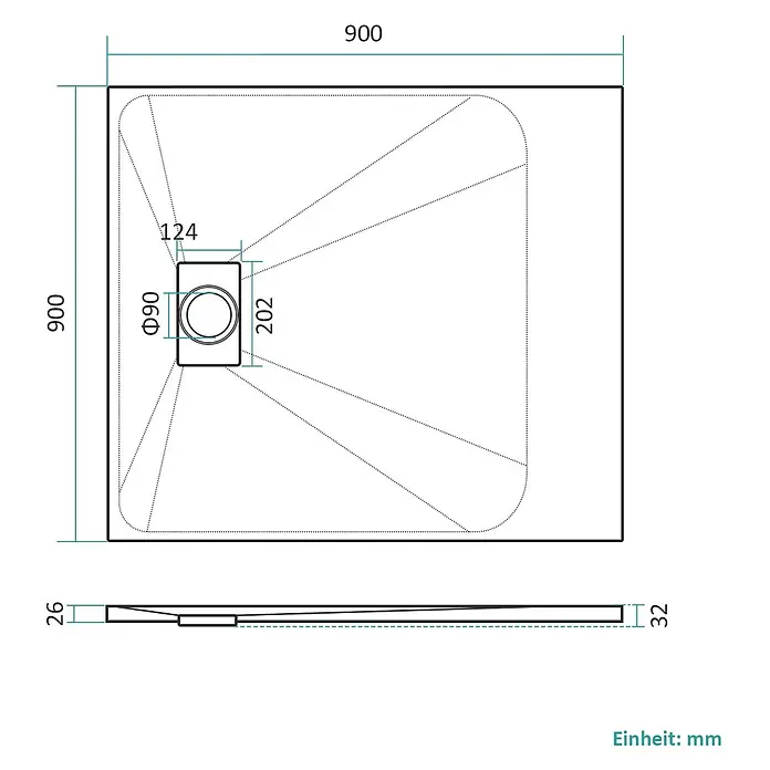 Emke Duschwanne ST - L x B: 90 x 90 cm, Kunststoff, Schwarz - Quadratische Duschwanne, 900x900 mm, mit zentralem Ablauf und niedriger Höhe (26-32 mm).