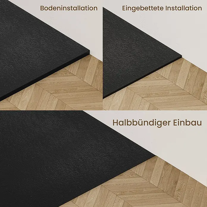 Emke Duschwanne ST - L x B: 90 x 90 cm, Kunststoff, Schwarz - Schwarze strukturierte Matte mit drei Installationsoptionen: auf dem Boden, eingelassen und halbbündig auf Holzboden.
