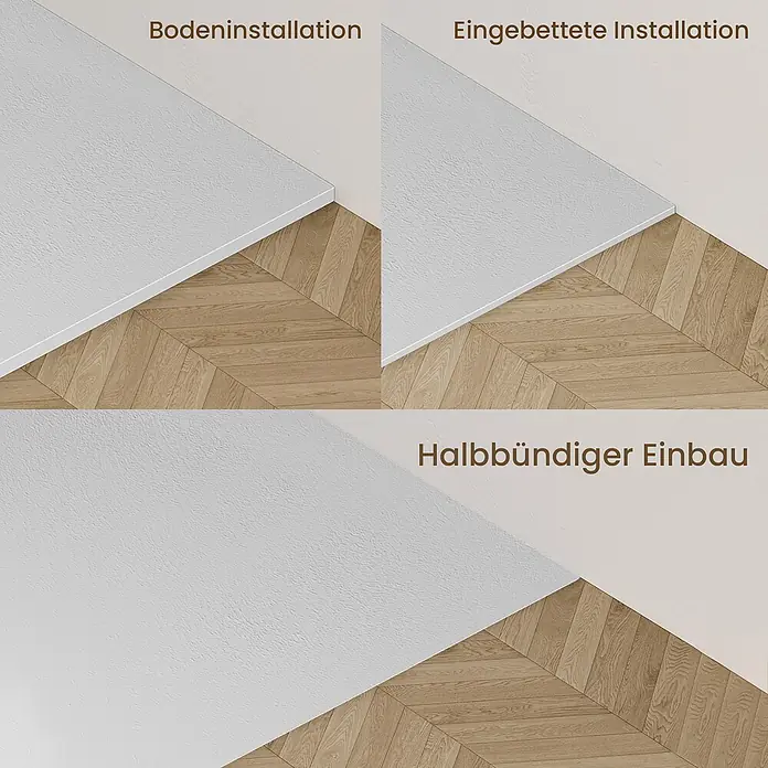 Emke Duschwanne ST - Kunststoff, Weiß - Drei Installationsarten für ein weißes Linearprofil an der Wand-Boden-Verbindung: aufputz, eingelassen und halbeingelassen.