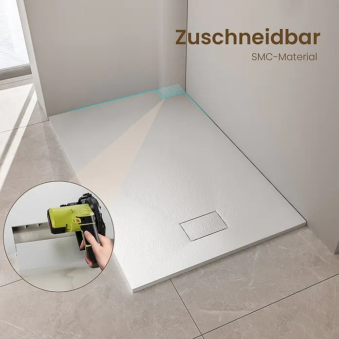 Emke Duschwanne ST - Kunststoff, Weiß - Weiße SMC-Duschwanne, individuell zuschneidbar für Eckeinbau, mit rechteckigem Abfluss.