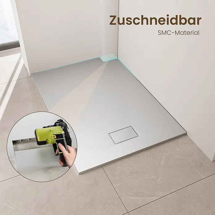 Emke Duschwanne ST - Kunststoff, Weiß - Graue SMC-Duschwanne für Eckmontage, mit hervorgehobener zuschneidbarer Kante zur individuellen Anpassung.