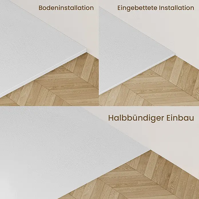 Emke Duschwanne ST - Kunststoff, Weiß - Weiße Leiste mit drei Installationsarten: aufgesetzt, eingebettet und halbbündig, vor Fischgrätparkett und heller Wand.