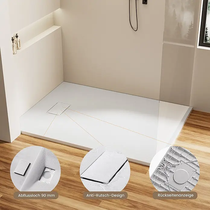 Emke Duschwanne ST - Kunststoff, Weiß - Weißes Duschbecken im Badezimmer, mit Detailansichten des 90-mm-Ablaufs, der Anti-Rutsch-Oberfläche und der Unterseite.