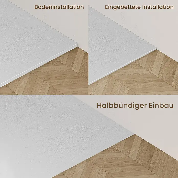 Emke Duschwanne ST - Kunststoff, Weiß - Drei Ansichten einer weißen, strukturierten Bodenleiste, die Oberflächen-, Einbau- und Halbbündige Installation mit Holzboden und Wand zeigen.