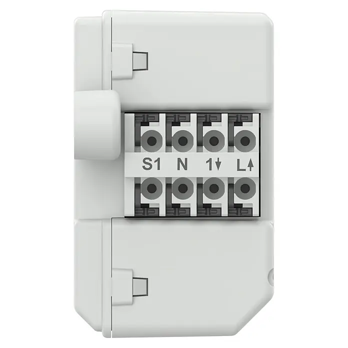 Homematic IP Aktor mit Tastereingang Unterputz HmIP-FSI16-2 -  - Weißes Elektro-Modul mit Klemmleiste beschriftet S1, N, 1↓, L↑ für elektrische Anschlüsse.