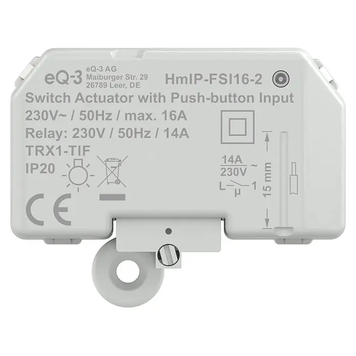 Homematic IP Aktor mit Tastereingang Unterputz HmIP-FSI16-2 -  - Weißes Kunststoff-Schaltaktor-Modul mit Text für technische Daten (z.B. 230V, 16A, IP20) und einem Tastereingang.