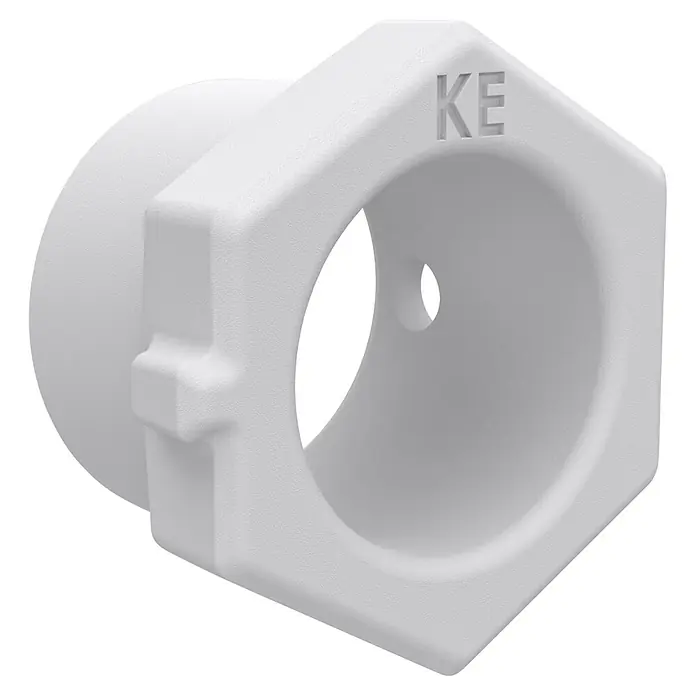 Homematic IP Adapter Knaufzylinder Türschlossantrieb Winkhaus, DOM - Passend für: Knaufzylinder der Hersteller Winkhaus, DOM - Weißes, texturiertes Sechskant-Fitting mit zylindrischer Öffnung und geprägtem „KE“, mit einem kleinen Innenloch.