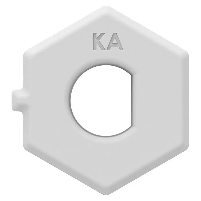 Adapter Knaufzylinder Türschlossantrieb ABUS, CISA, ETC - Passend für: Knaufzylinder der Hersteller ABUS, CISA, ETC - Weißes, hexagonales Bauteil mit 'KA'-Gravur, C-förmigem Ausschnitt und seitlichem Vorsprung.