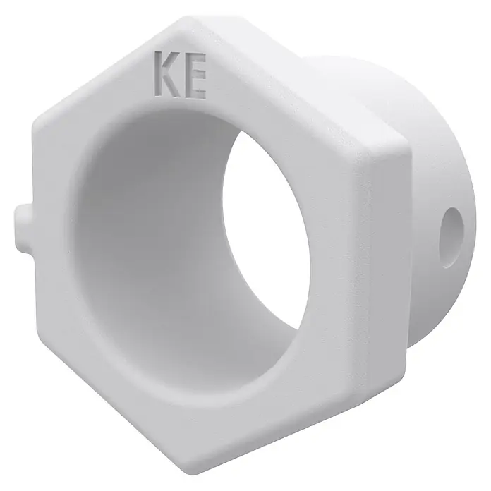 Homematic IP Adapter Knaufzylinder Türschlossantrieb Winkhaus, DOM - Passend für: Knaufzylinder der Hersteller Winkhaus, DOM - Weißes Kunststoff-Sechskantfitting mit zylindrischer Bohrung, geprägten 'KE'-Buchstaben und einer kleinen Seitenöffnung.