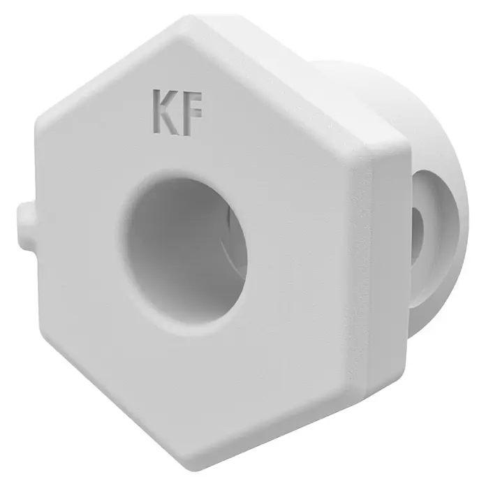 Homematic IP Adapter Knaufzylinder Türschlossantrieb Keso - Passend für: Knaufzylinder des Herstellers Keso - Weißes, texturiertes sechseckiges Bauteil mit zentralem Rundloch und „KF“-Prägung.