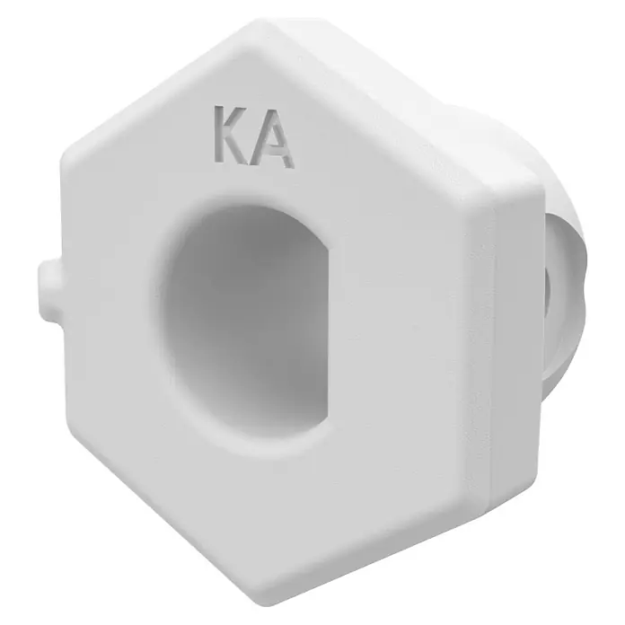 Adapter Knaufzylinder Türschlossantrieb ABUS, CISA, ETC - Passend für: Knaufzylinder der Hersteller ABUS, CISA, ETC - Weißes, strukturiertes sechseckiges Bauteil mit „KA“-Gravur, zentraler ovaler Öffnung und kleinem Seitenansatz.