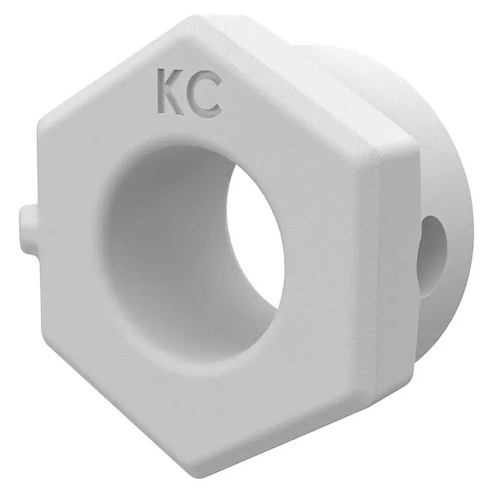 Homematic IP Adapter Knaufzylinder Türschlossantrieb EVVA, CES - Passend für: Knaufzylinder der Hersteller EVVA, CES - Hellgraues, texturiertes sechseckiges Bauteil mit großem zentralem Loch und geprägten 'KC'-Buchstaben.