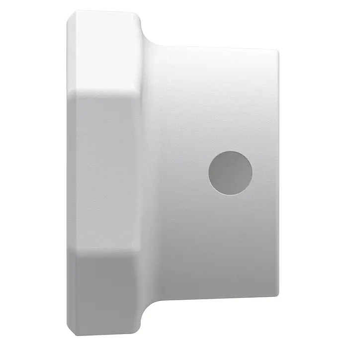Homematic IP Adapter Knaufzylinder Türschlossantrieb Winkhaus, DOM - Passend für: Knaufzylinder der Hersteller Winkhaus, DOM - Weißes, strukturiertes Kunststoffbauteil mit abgestuftem linkem Profil und kreisförmiger Vertiefung rechts.