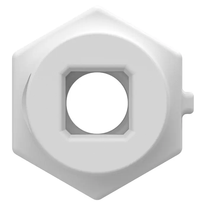 Homematic IP Adapter Knaufzylinder Türschlossantrieb Keso - Passend für: Knaufzylinder des Herstellers Keso - Weißer, texturierter sechseckiger Werkzeugadapter mit zentraler Vierkantaufnahme und einem seitlichen Vorsprung.