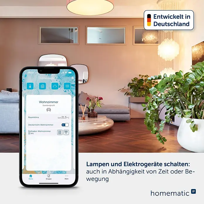 Homematic IP Aktor mit Tastereingang Unterputz HmIP-FSI16-2 -  - Smartphone mit Homematic IP App zur Steuerung von Beleuchtung, Klima und Rollos im Wohnzimmer. Entwickelt in Deutschland.