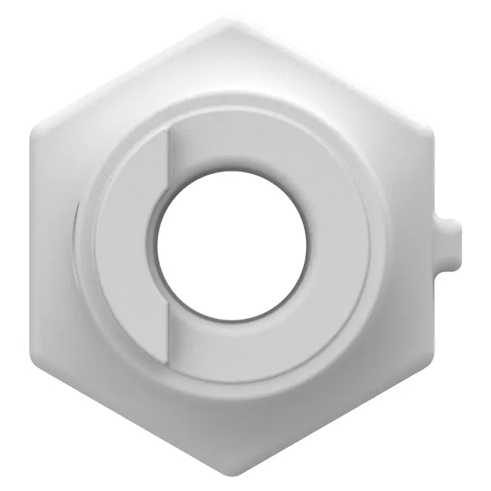 Homematic IP Adapter Knaufzylinder Türschlossantrieb BKS - Passend für: Knaufzylinder des Herstellers BKS - Weißes, strukturiertes sechseckiges Kunststoffbauteil mit zentralem kreisförmigem Ausschnitt und C-förmigem Innendetail.