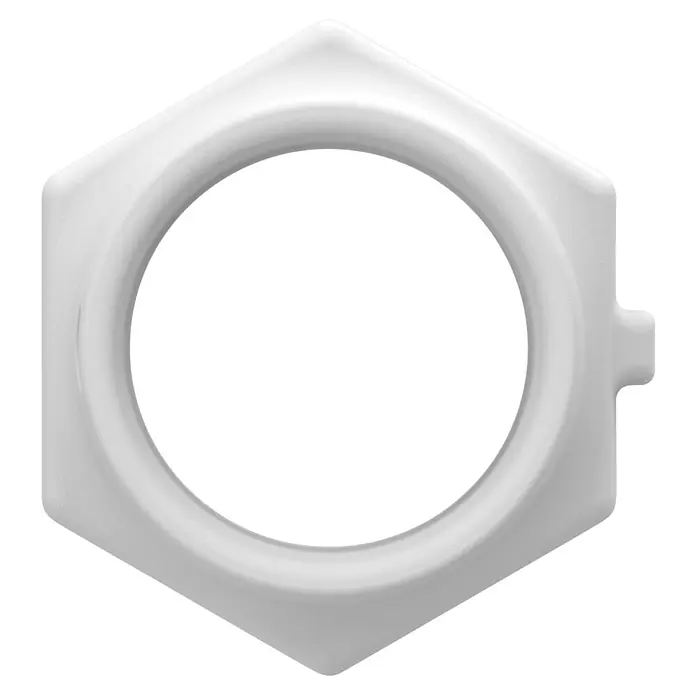 Homematic IP Adapter Knaufzylinder Türschlossantrieb Winkhaus, DOM - Passend für: Knaufzylinder der Hersteller Winkhaus, DOM - Weißer sechseckiger Ring mit runder Öffnung und kleinem Ansatz an der rechten Seite.