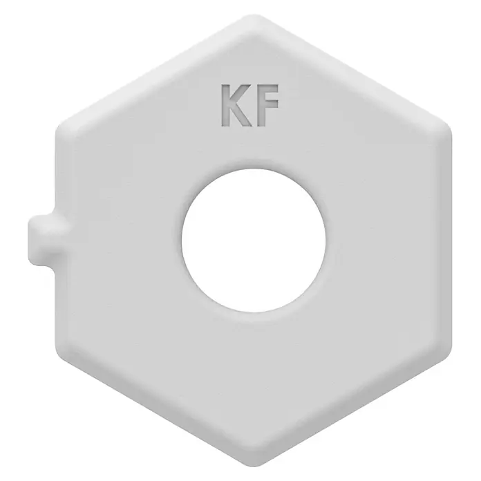 Homematic IP Adapter Knaufzylinder Türschlossantrieb Keso - Passend für: Knaufzylinder des Herstellers Keso - Weißes, hexagonales Bauteil mit zentraler Kreisöffnung, 'KF'-Markierung und seitlichem Vorsprung.
