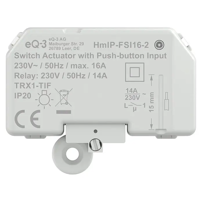 Homematic IP Aktor mit Tastereingang Unterputz HmIP-FSI16-2 -  - Weißer Schaltaktor mit Tastereingang, mit elektrischen Daten und Modellnummer.