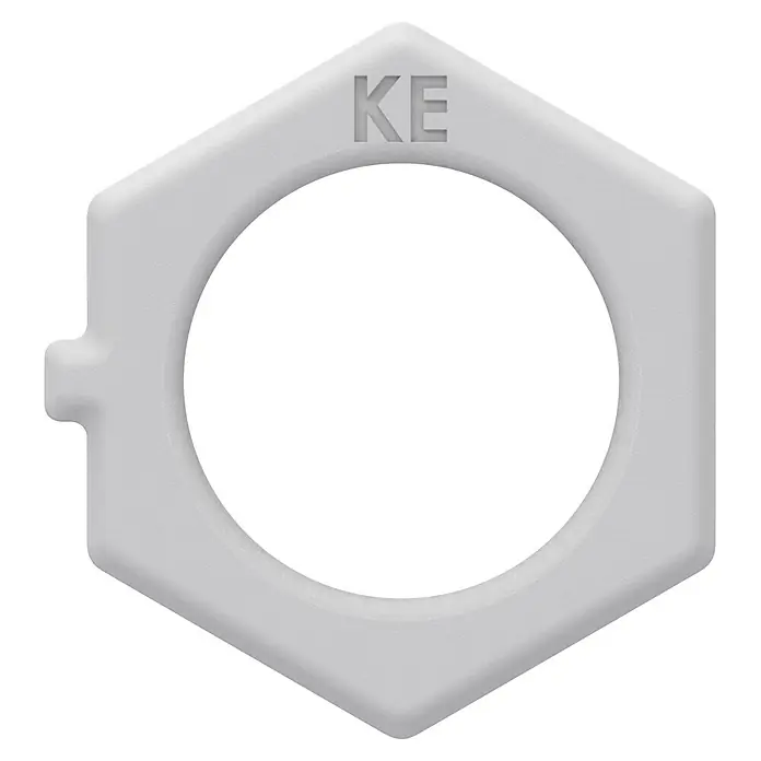 Homematic IP Adapter Knaufzylinder Türschlossantrieb Winkhaus, DOM - Passend für: Knaufzylinder der Hersteller Winkhaus, DOM - Hellgrauer sechseckiger Rahmen mit kreisförmiger Öffnung, geprägtem 'KE' und Seitenlasche, wahrscheinlich zur Befestigung.