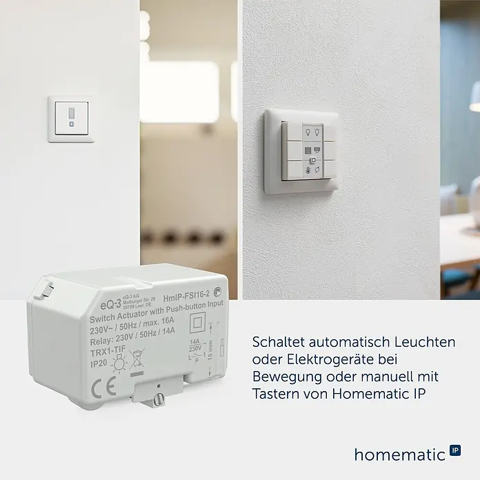 Homematic IP Aktor mit Tastereingang Unterputz HmIP-FSI16-2 -  - Weißer Homematic IP Schaltaktor HmIP-FSI16-2 mit techn. Daten, zur auto. oder manuellen Steuerung von Leuchten u. Geräten.