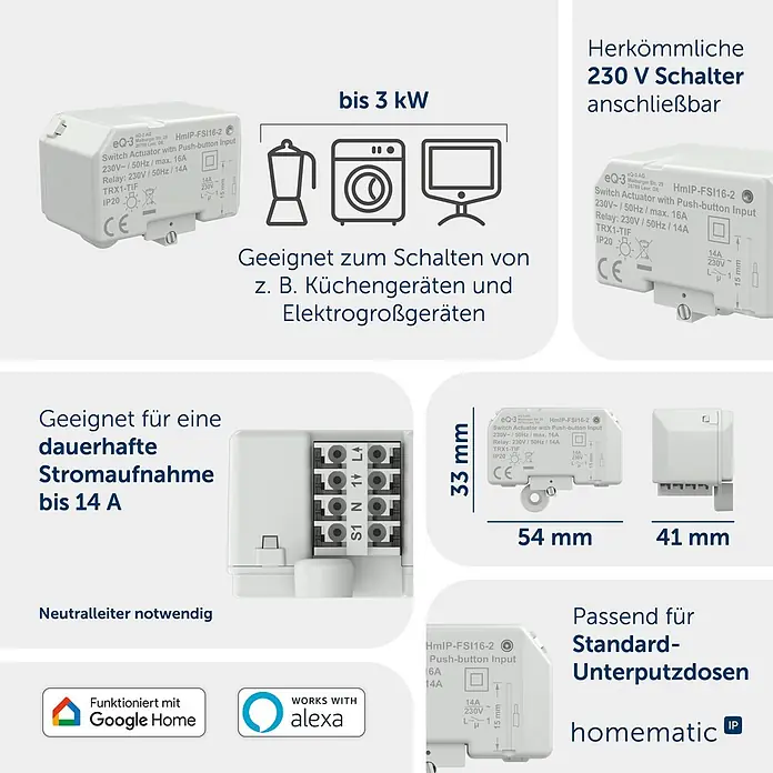 Homematic IP Aktor mit Tastereingang Unterputz HmIP-FSI16-2 -  - Weißer Homematic IP HMIP-FSI16-2 Schaltaktor (bis 3kW/14A) mit Abmessungen, Anschlüssen und Google Home/Alexa Kompatibilität.