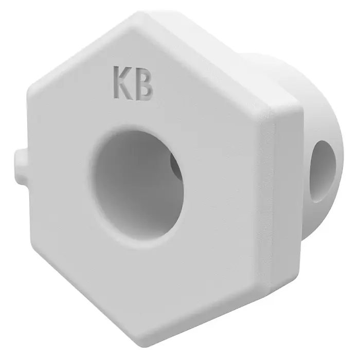 Homematic IP Adapter Knaufzylinder Türschlossantrieb BKS - Passend für: Knaufzylinder des Herstellers BKS - Weißes, texturiertes sechseckiges Bauteil mit Mittelloch, Seitenloch und erhabener 'KB'-Markierung.