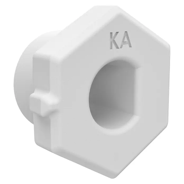 Adapter Knaufzylinder Türschlossantrieb ABUS, CISA, ETC - Passend für: Knaufzylinder der Hersteller ABUS, CISA, ETC - Weißes, sechseckiges Kunststoffteil mit zentralem Rundloch, zylindrischem Vorsprung und 'KA'-Gravur.