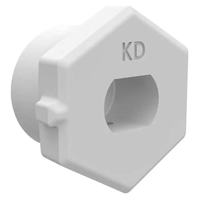 Homematic IP Adapter Knaufzylinder Türschlossantrieb Dormakaba - Passend für: Knaufzylinder des Herstellers Dormakaba - Weißes, texturiertes, sechseckiges Kunststoffteil mit zylindrischer Basis, sechseckiger Aussparung und „KD“-Prägung.