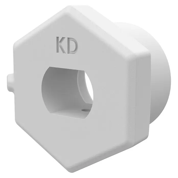 Homematic IP Adapter Knaufzylinder Türschlossantrieb Dormakaba - Passend für: Knaufzylinder des Herstellers Dormakaba - Weißes, texturiertes, sechseckiges Kunststofffitting mit KD-Logo und sechseckiger Öffnung, zylindrisch zulaufend.