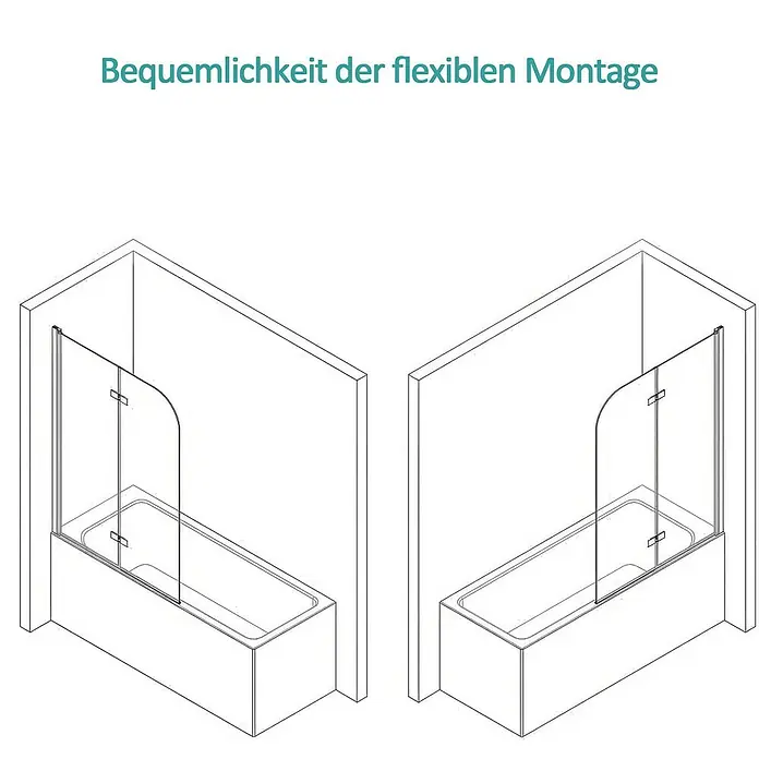 Emke Badewannenaufsatz FBSS - B x H: 100 x 140 cm, 2 Stk., Chrom - Duschwand aus Klarglas in zwei isometrischen Ansichten, zeigt flexible Links- oder Rechtsmontage an einer Badewanne.