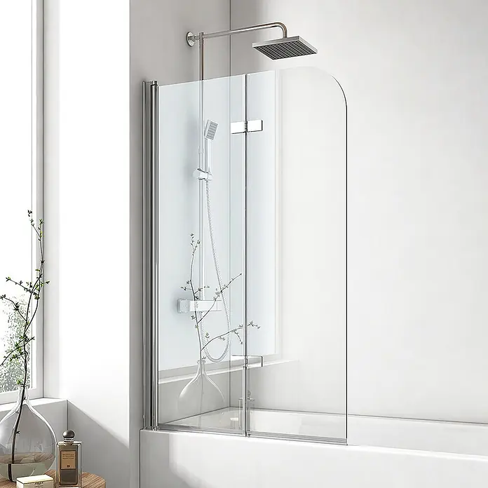 Emke Badewannenaufsatz FBSS - B x H: 110 x 140 cm, 2 Stk., Chrom - Zweiteilige Duschwand aus Klarglas für Badewanne, mit Chromrahmen und Scharnieren, Duscharmaturen sichtbar.
