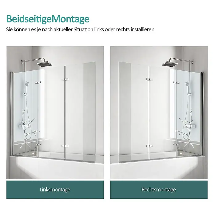 Emke Badewannenaufsatz FTSS - B x H: 130 x 140 cm, 3 Stk., Chrom - Wendbare Glas-Badewannenabtrennung mit Chromprofilen für Links- oder Rechtsmontage.