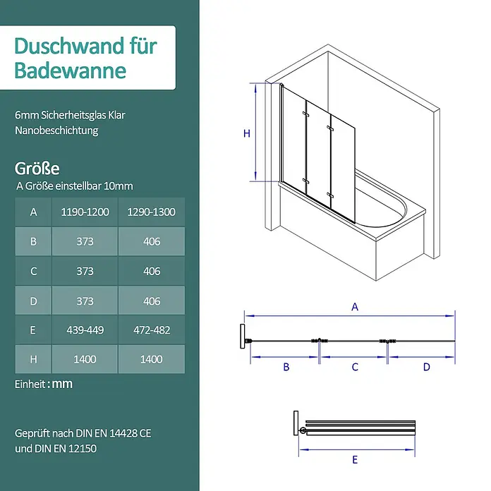 Emke Badewannenaufsatz FTSS - B x H: 130 x 140 cm, 3 Stk., Chrom - Duschwand aus 6mm klarem Sicherheitsglas mit Nanobeschichtung für Badewanne, zeigt einstellbare Maße und 1400mm Höhe.