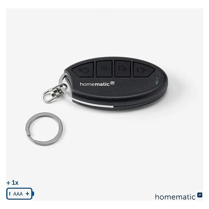 Homematic IP Fernbedienung Schlüsselbundfernbedienung Alarm HmIP-KRCA-2 - Schwarz - Schwarze Homematic IP Fernbedienung mit vier Tasten und Metallschlüsselring, betrieben mit 1 AAA Batterie.