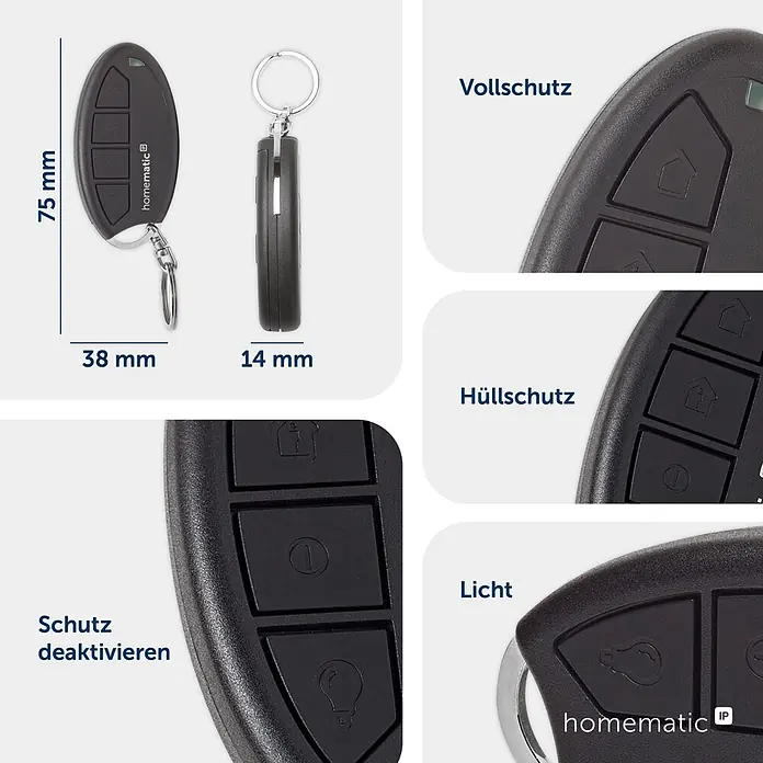 Homematic IP Fernbedienung Schlüsselbundfernbedienung Alarm HmIP-KRCA-2 - Schwarz - Dunkelgraue Homematic IP Schlüsselanhänger-Fernbedienung (75x38x14mm) mit Tasten für Sicherheitsfunktionen (voll, hüll, deaktivieren) und Licht.